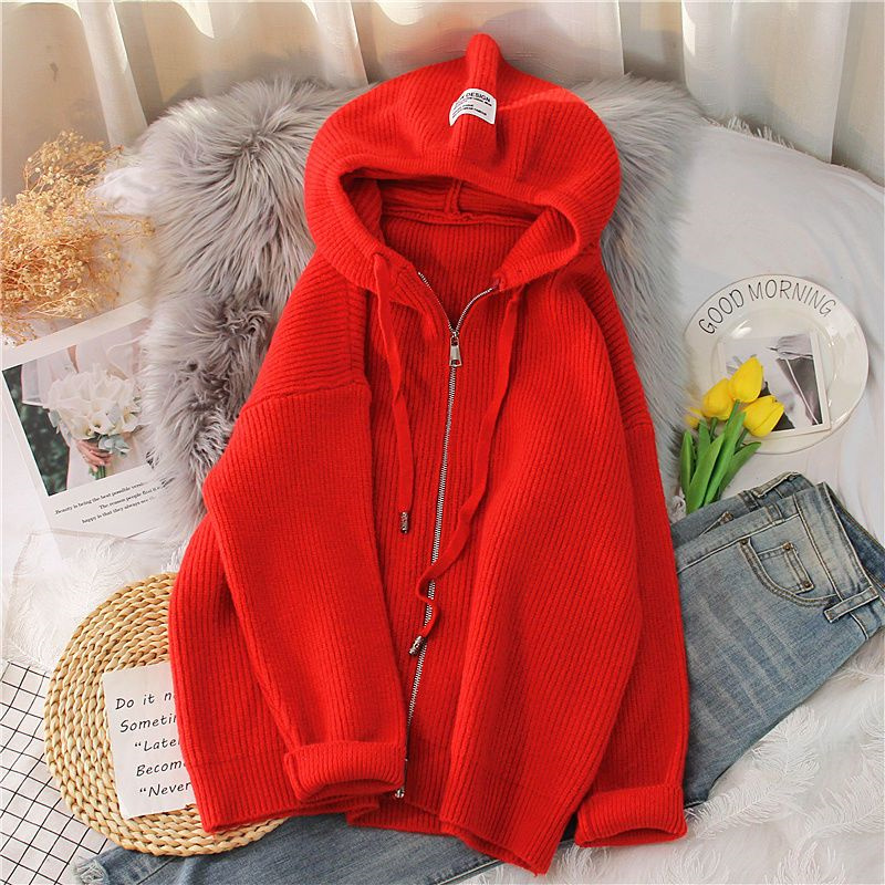 2025 primavera nova moda temperamento grosso cor sólida com capuz malha cardigan casaco com zíper camisola feminina solta topo grosso roupas femininas