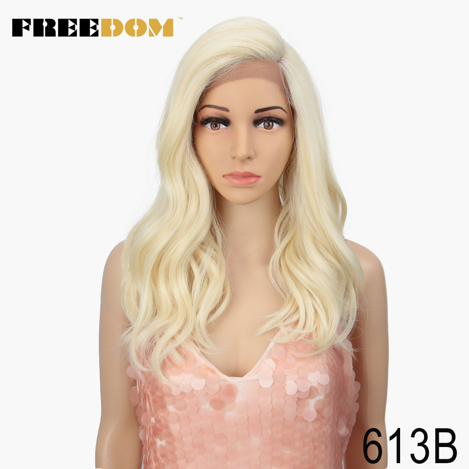Vrijheid Synthetische Lace Pruik 20 Inche Body Wave Ombre Blond 613 Asymmetrie Pruiken Voor Zwarte Vrouwen Hittebestendige Mode Pruik: 613B