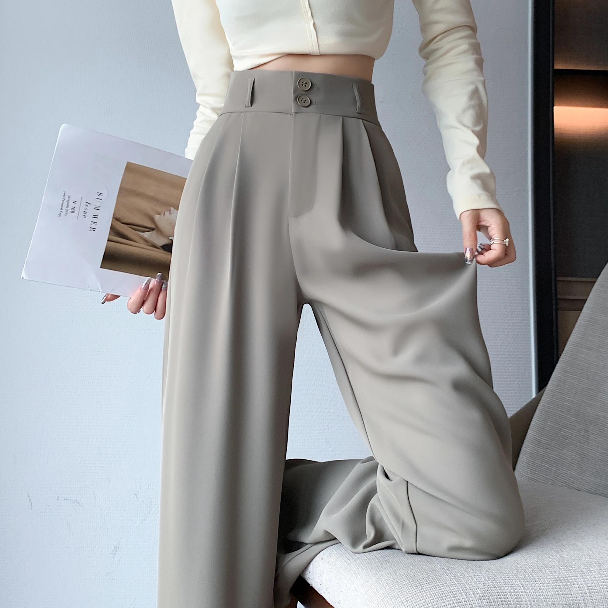 Spring Summer White High Waist Suit Wide Leg Women's Pants Female Buttons Minimalism Straight Loose Trousers: S / Dark Grey