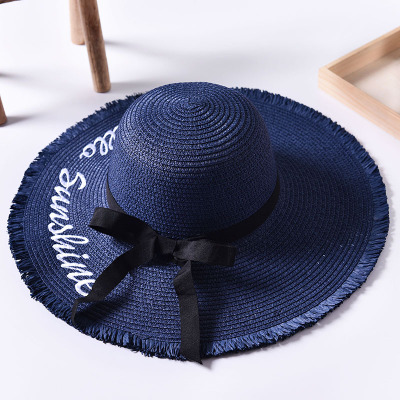 Håndlavet vævning brev sol hatte til kvinder sort bånd snøre op store randen stråhat udendørs strand hat sommer hætter chapeu feminino: 2