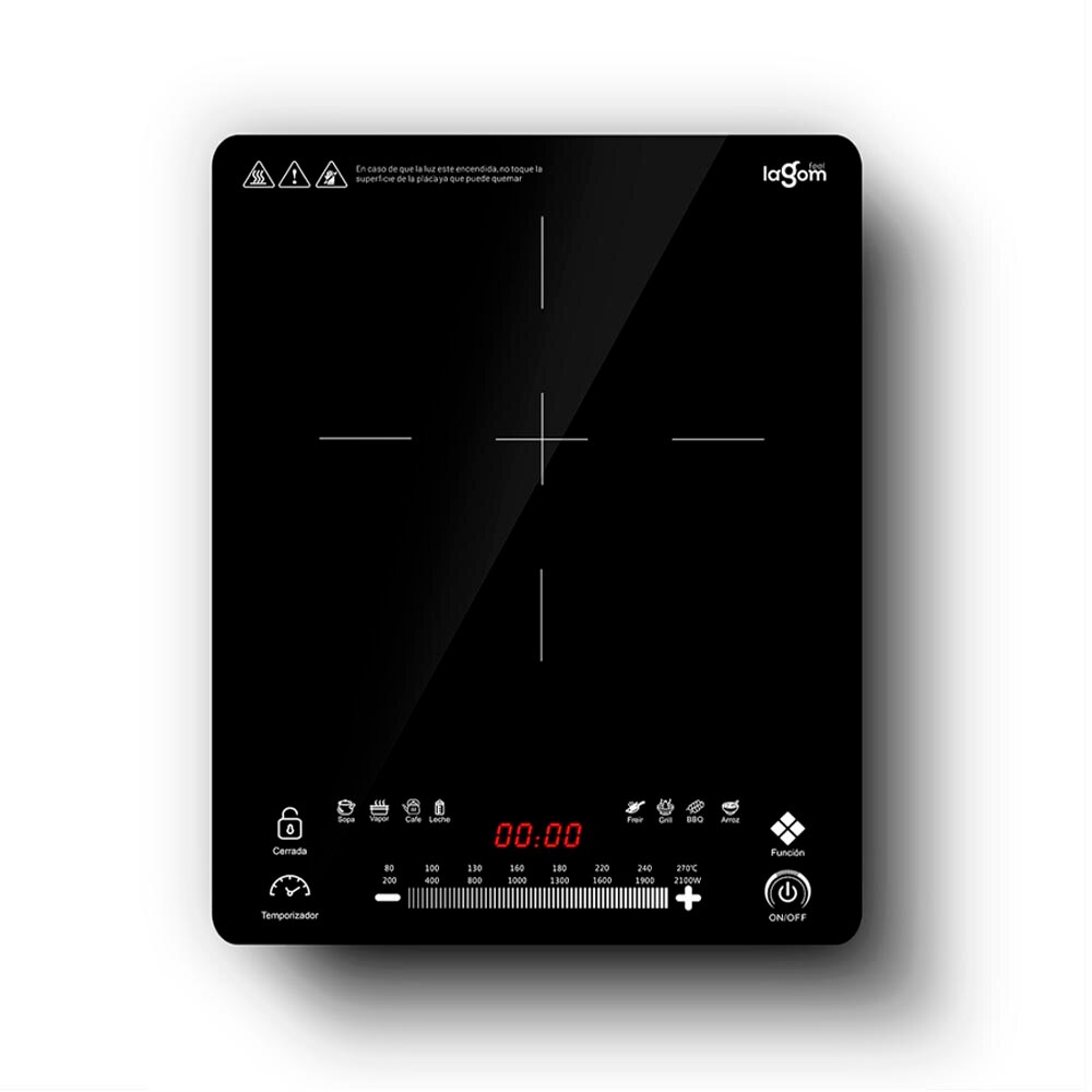 Placa de inducción Portátil, 1900W, 29 x 37 cm, Full cristal, extra grande, control tactil, 10 niveles de potencia, temporizador