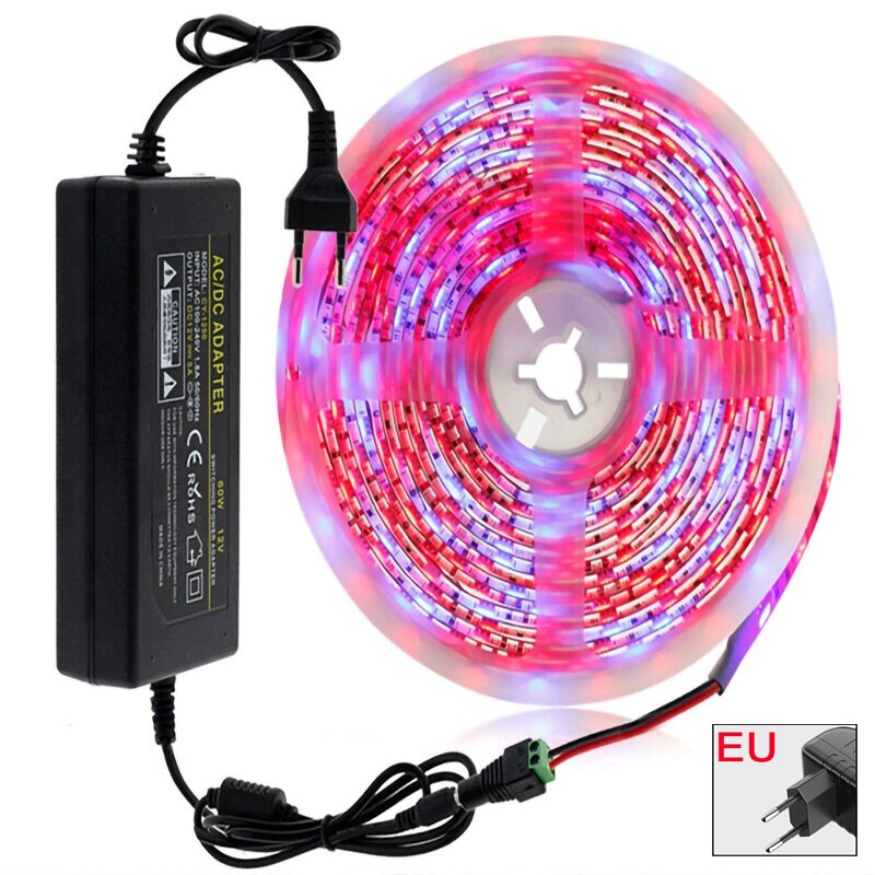 LED Grow Light Full Spectrum 5M Phyto Lamp SMD 5050 Waterproof Growth Lamp For Greenhouse Hydroponic Plant Growing+Power adapter: With EU plug adapter / 3 Red 1 Blue / No Waterproof