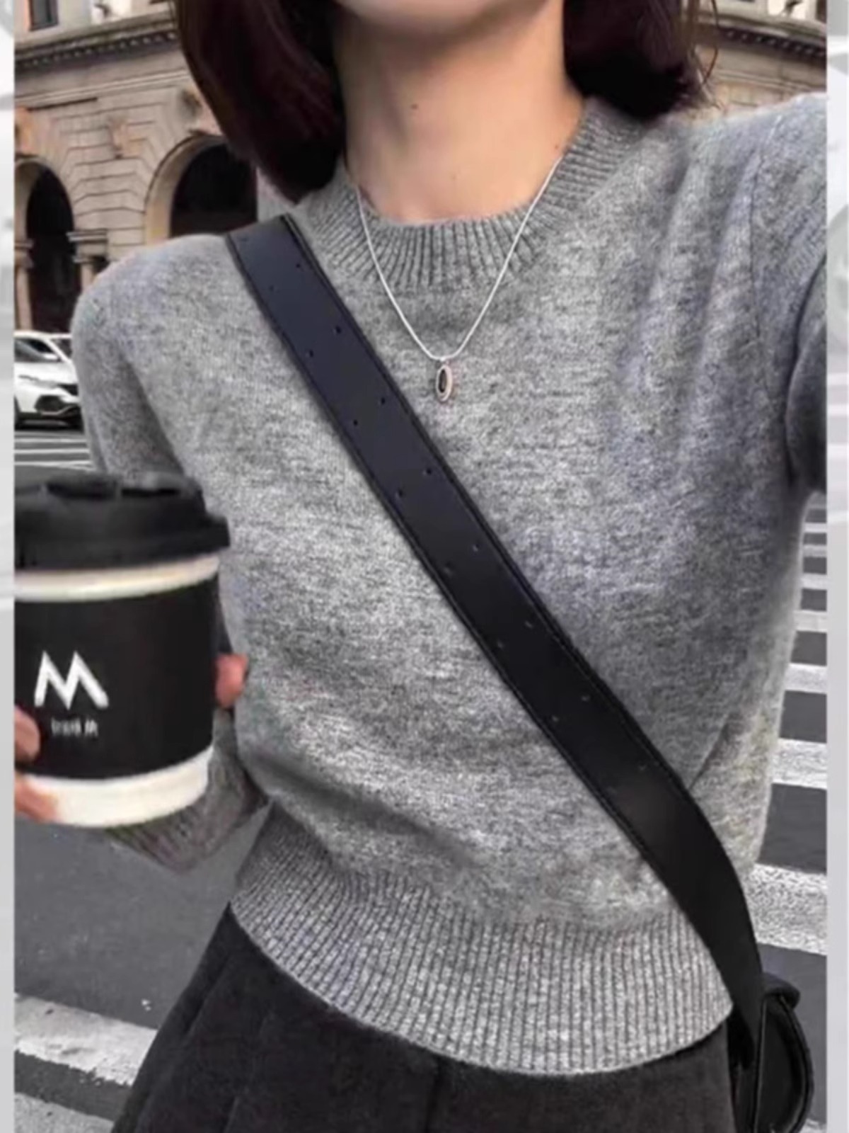 Camisola pequena de caxemira gola redonda para mulheres, estilo francês, camisa base curta solta simples, lã pura, primavera e outono