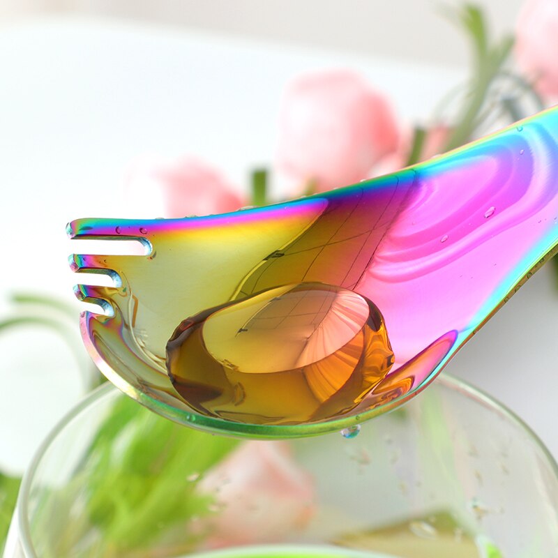 Cuchara de acero inoxidable para ensalada, 2 en 1 cuchara curva multifunción creativa, tenedor para fruta, Yogurt, vajilla, 8 colores, 2 uds.