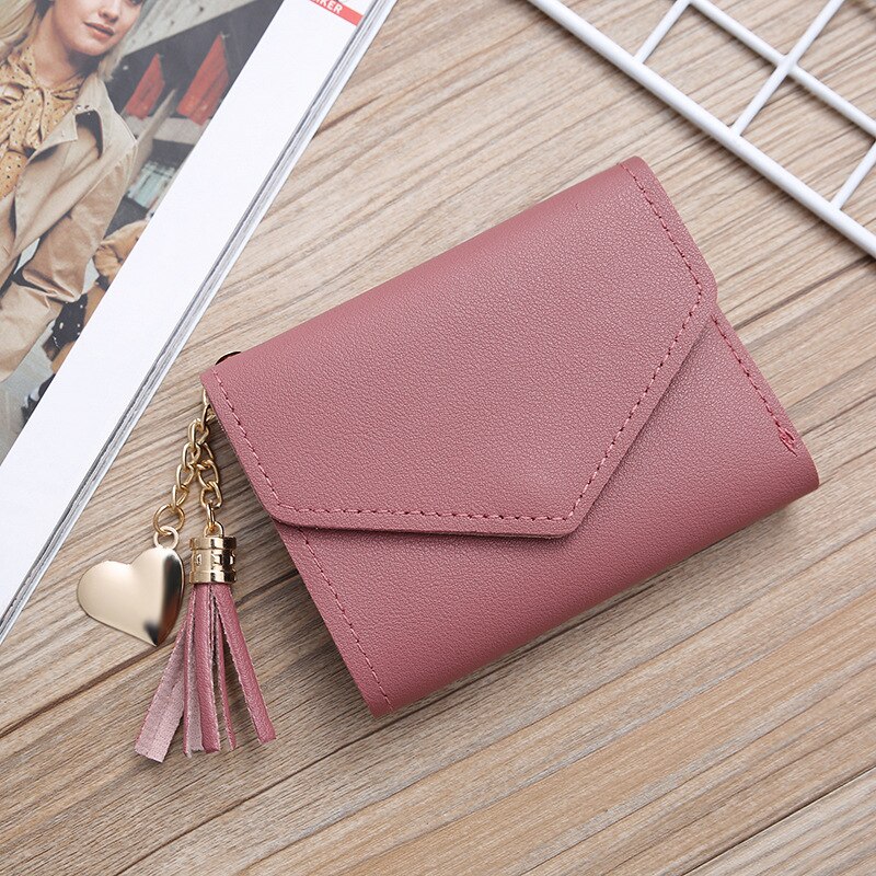 Women Wallet Cute Student Tassel Heart Pendant Short Wallet Small PU Wallet Coin Purse Ladies Card Bag For Women: purple