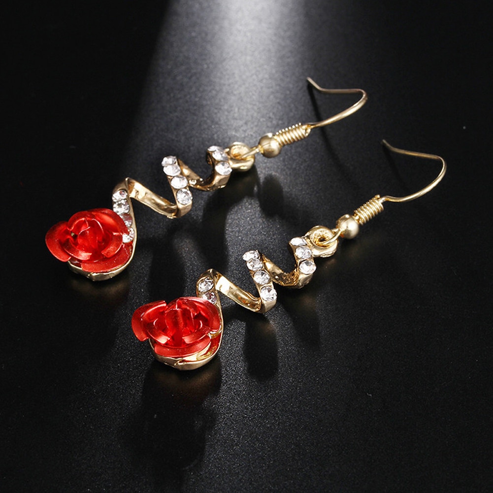 Pendientes de gota de rosa roja Vintage para mujer, aretes colgantes con estilo de Color oro rosa con diamantes de imitación de cristal, joyería de boda