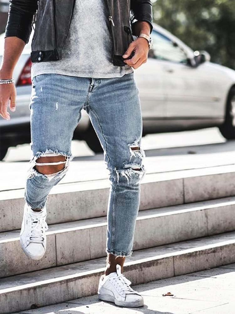 Men Jeans Streetwear Knee Ripped Skinny Hip Hop Estroyed Hole Pants Solid Color Male Stretch Casual Denim Big Trousers