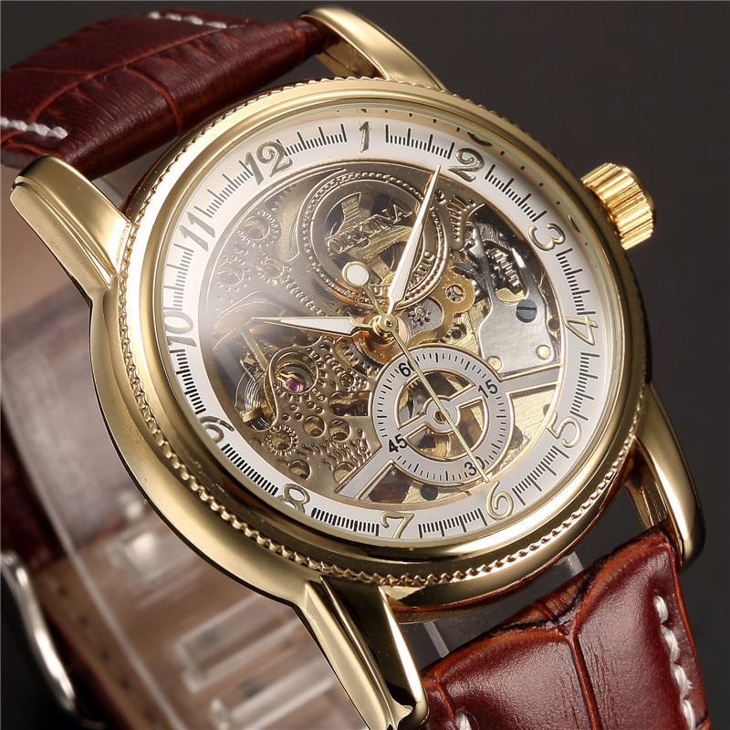 Mænds armbåndsure luksus gyldent skelet mekanisk steampunk mandligt ur automatisk armbåndsur læderrem herren horloges