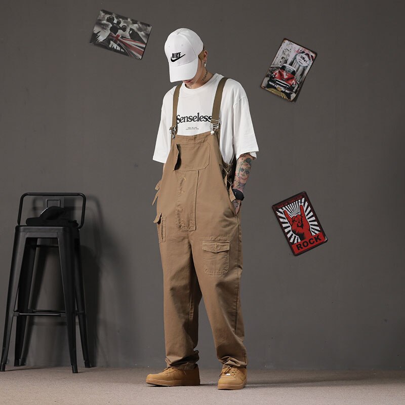 Cotton Overalls Men Bib Loose Multi-Pocket Straight Jumpsuits Pants Street Casual Hip Hop Khaki Brown Trousers
