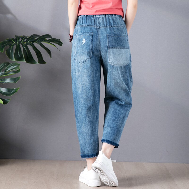 Pantalones vaqueros holgados para mujer, ropa de calle con bolsillo bordado, harén, informales, de cintura elástica, de algodón, Otoño, 9268