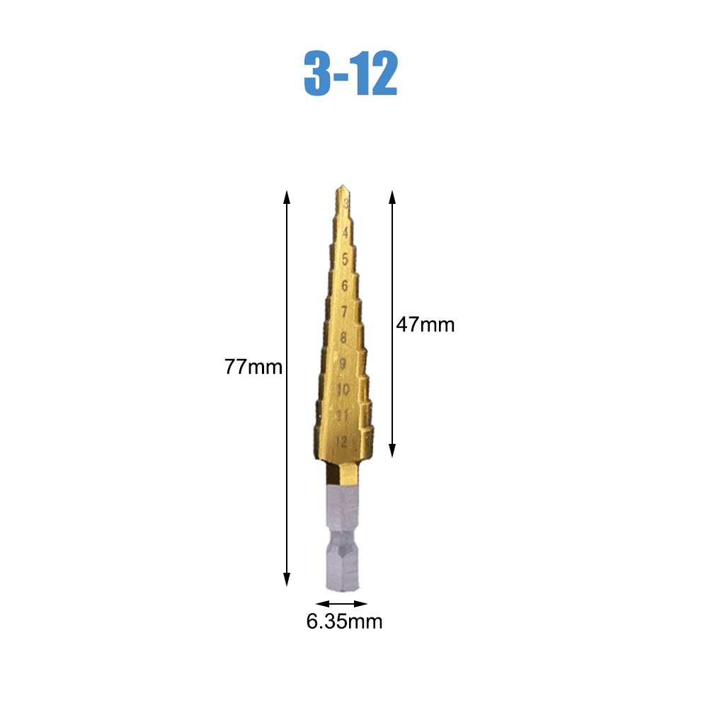 DIZAINLIFE HSS Cobalt Twist Step Drill Bit Set Cone Pagoda Shape Wood Metal Hole Cutter Drilling Titanium Coated Core Drill Bit: Straight Groove 3-12