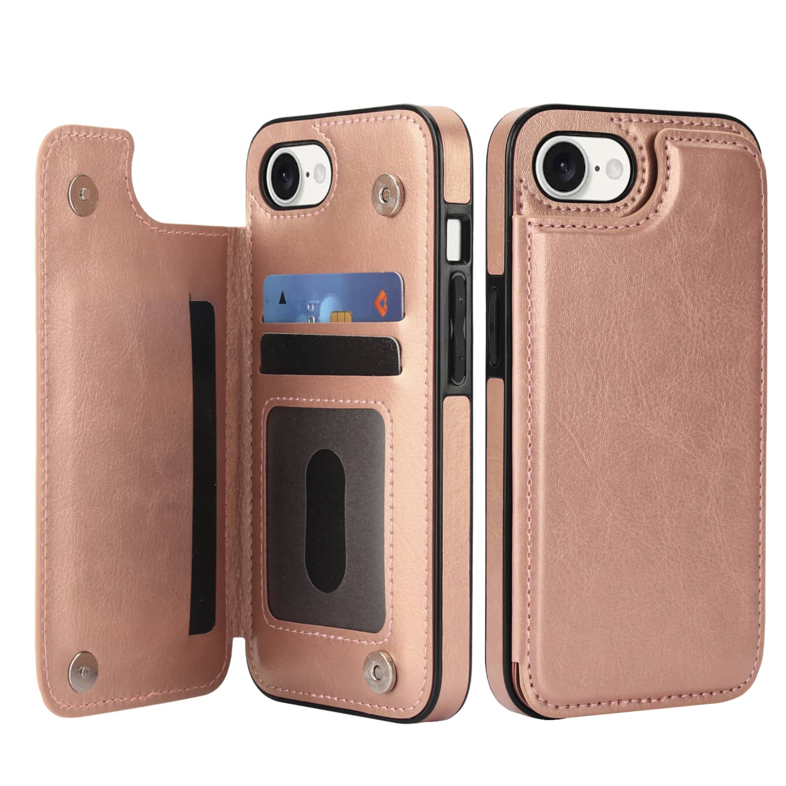 For iPhone 16e Wallet Case With Card Holder, PU Faux Leather Kickstand Card Slots,Double Magnetic Clasp Durable Cover: Pink