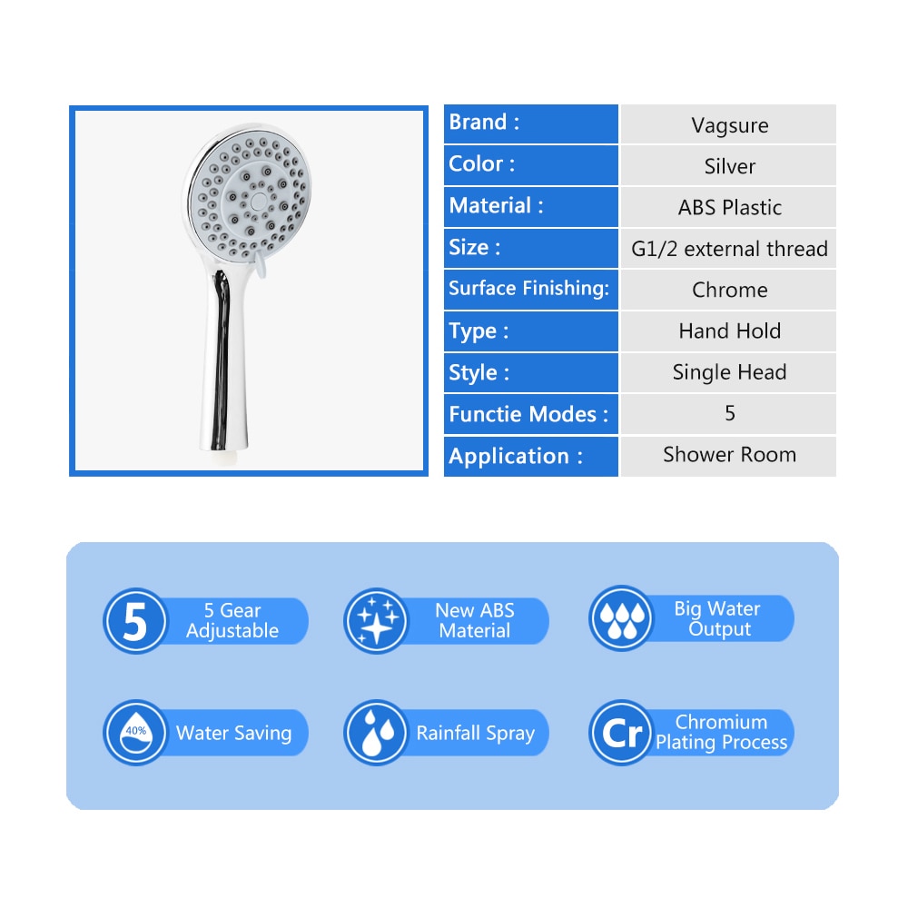 Five Function Adjustable Shower Head ABS Chrome Bathroom Bath Shower Water Saving High Pressure Round Shape Handheld Hose Nozzle