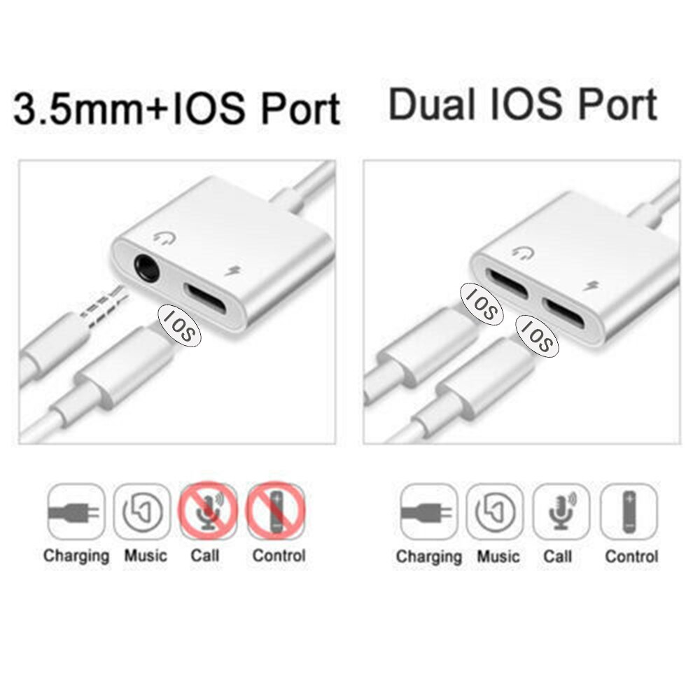 2 in 1 iOS Lightning to 3.5mm Jack Adapter Headphone Charger & Aux Audio Splitter Cable Compatible iPhone Support iOS System