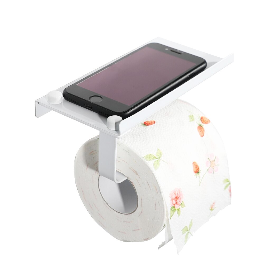 White Stainless Steel Paper Holder with Cell Shelf Bathroom Roll Paper Holder Toilet Paper Holder for Phone Wallet Etc
