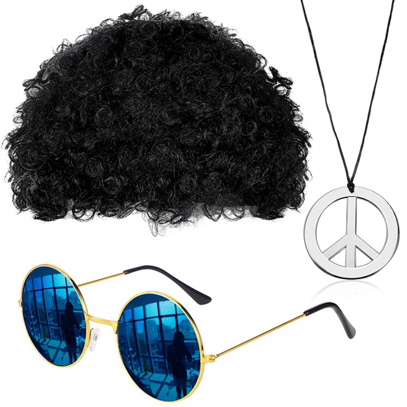 Conjunto de joyería de disfraz, peluca Afro sintética, collar de gafas de sol para temática de los años 50, 60 y 70, accesorios de ropa de estilo años 80 para hombres: Gris