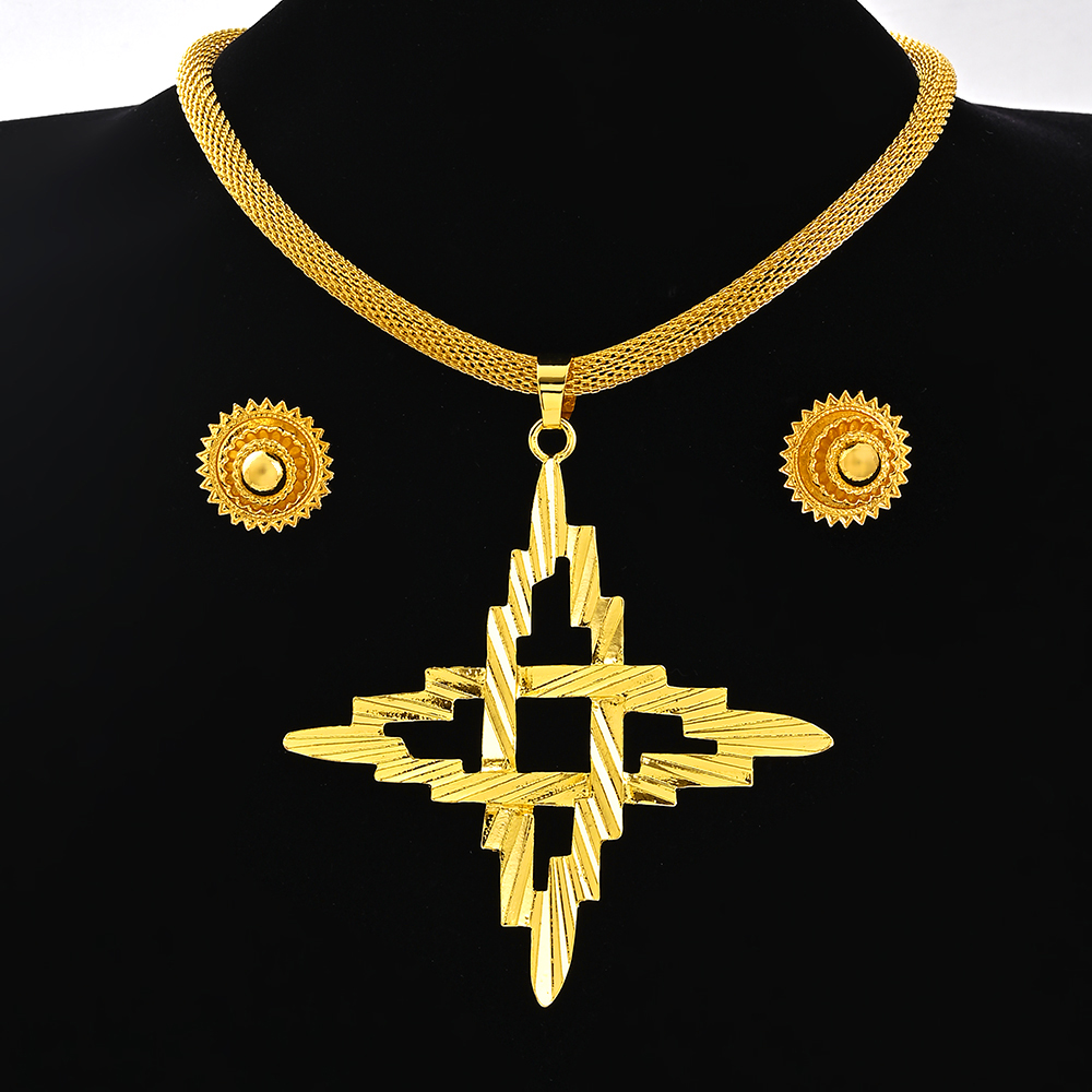 Saoedi-Arabië 24K Goud Kleur Ethiopië Vrouwen Sieraden Ketting Oorbel Afrikaanse Arabische Bruids Set Habesha Eritrea Party: Platinum Plated