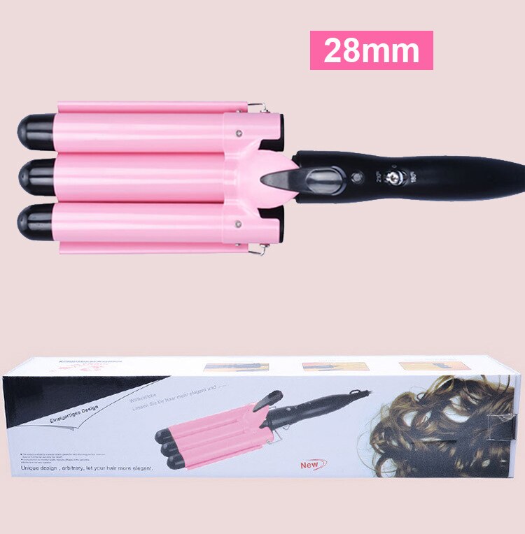 Pro 25-32m Automatic Perm Splint Ceramic Hair Curler Triple Barrels Big Wave Hair Curling Iron Hair Waver Curlers Styling Tools: Pink 28mm