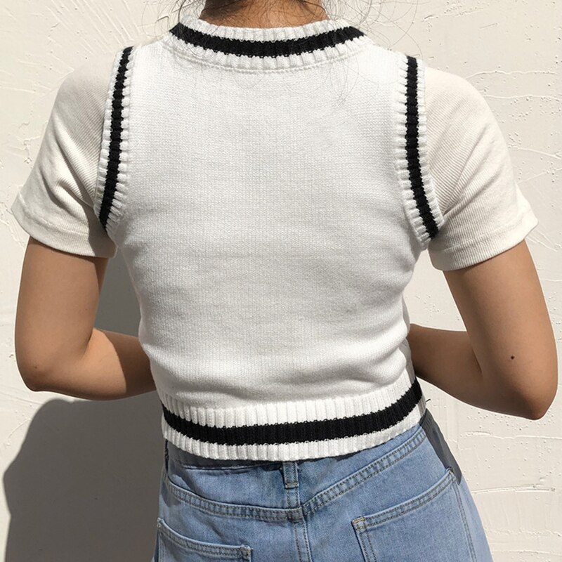 Kobiety mleko krowa nadruk zwierzęta kamizelka z dzianiny dekolt bez rękawów prążkowany wykończenia krótki sweter styl Preppy obcisły sweter sweter szczyt