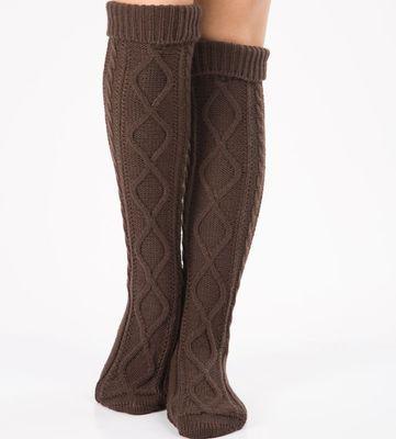 Tykke benvarmer kvinder støvler tilbehør strikket argyle mønster lange sokker over knæhøjde varme 7 farver hæklet: Kaffe
