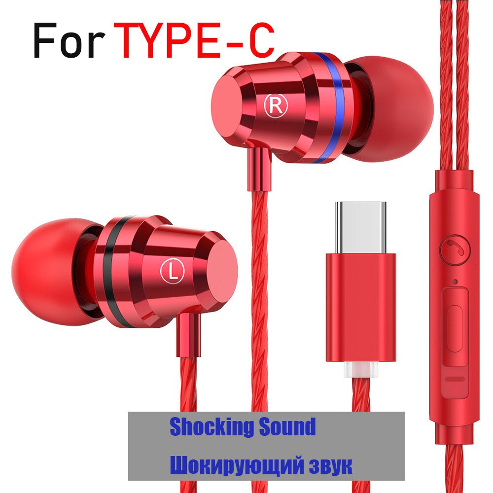 Metal Earphones Type C Headphones Bass Earphone 3.5mm Usb C Ear Buds auriculares fone de ouvido for Xiaomi Mi 10 Pro 9 huawei: typc red