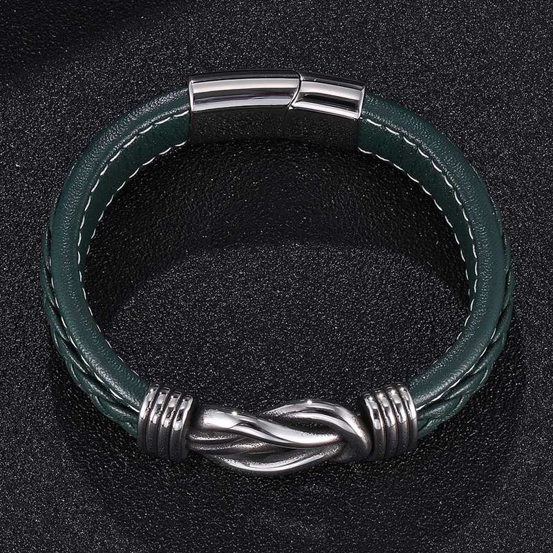 Punk Jewelry Men Green Leather Bracelet Irregular Winding Graphic Stainless Steel Magnet Clasp Male Wristband Man SP0770