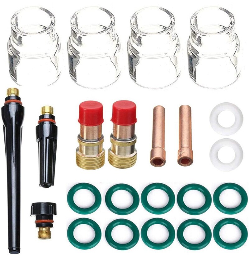 TIG Sveise stubbe Gasslinse sett 23stk 3/32" med 12 Pyrex-kopper & Alumina Munnstykker til DB SR WP 17/18/26 Brenner