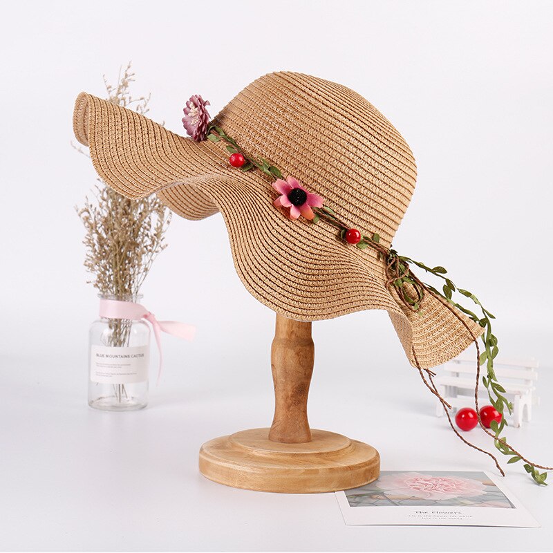 Bloemen ouder-kind Zomer Meisje Zonnehoed Cap Rose Rood Bruin Licht Roze Stro Platte Top Zomer strand Strooien Hoed Strand Caps