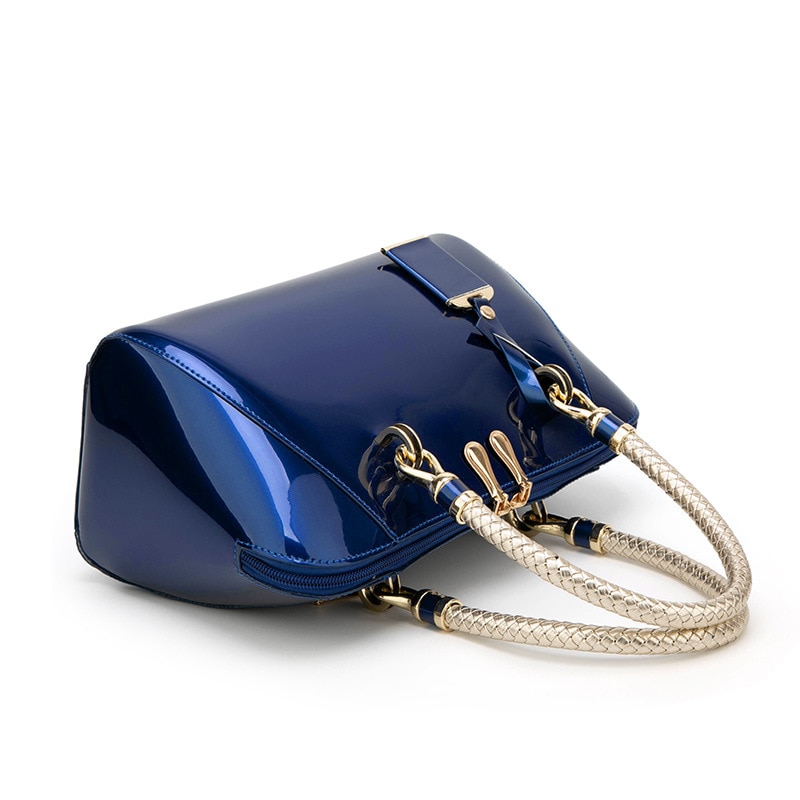 Lacquered leather woman handbag bright color azure blue Boston bag woman shoulder bag