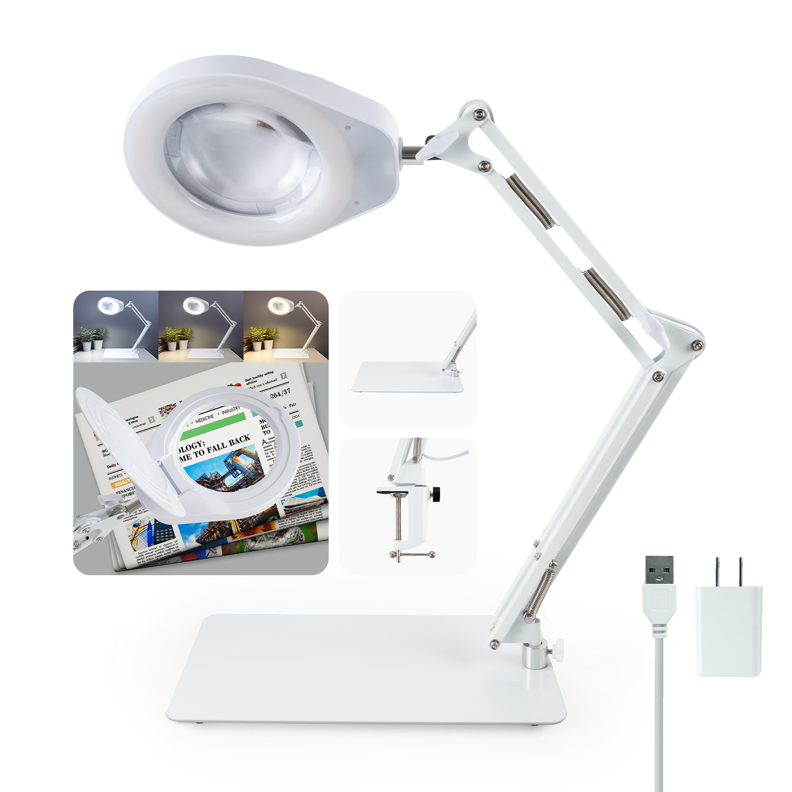 10X Vergrootglas met Licht en Standaard Zwenkarm Vergrootlamp Traploos Dimbaar 5-Dioptrie Echt Glazen Lens Vergrootglas