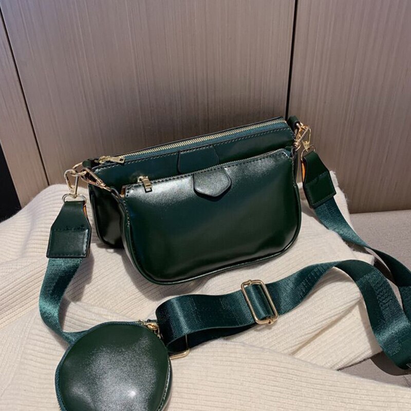 Messenger Shoulder Bags For Women With Wide Strap 3 Bags/set Female Pu Leather Handbag Purse Cross Body Bag: Green