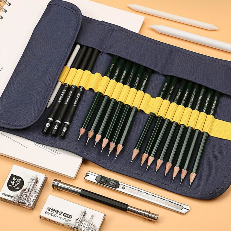 27pcs Sketch Pencil Set Sketching Drawing Roll Up Bags Kit Painter 1XCB