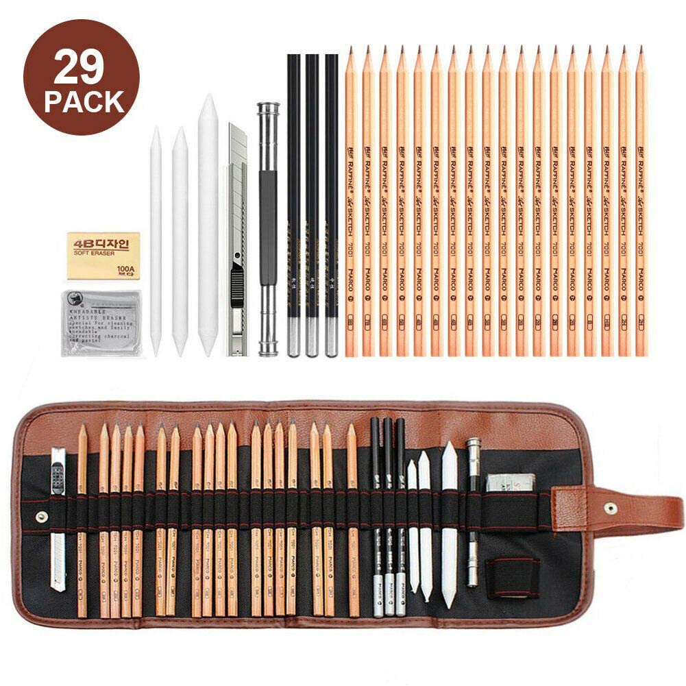 29Pcs/set Drawing Sketching Pencils Set Full Sketch Kit with Graphite Pencils Paper Brush Pen Mark Charcoal Pencil Extender