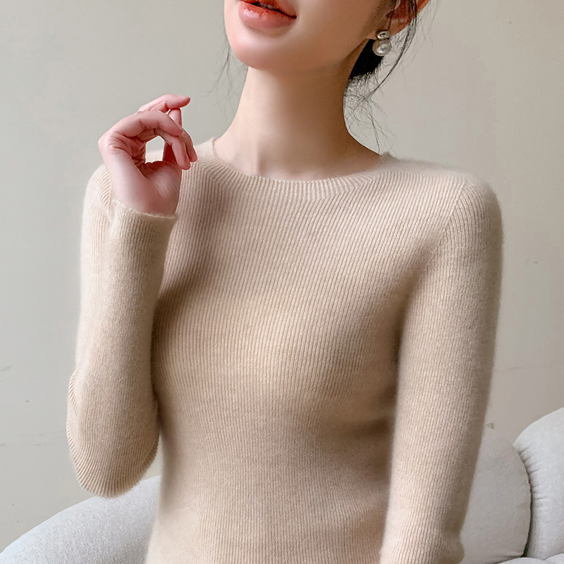 Suéter de malha com nervuras de manga comprida feminina, gola redonda, pulôver fino, tops de luxo, roupa coreana, moda: S / Bege