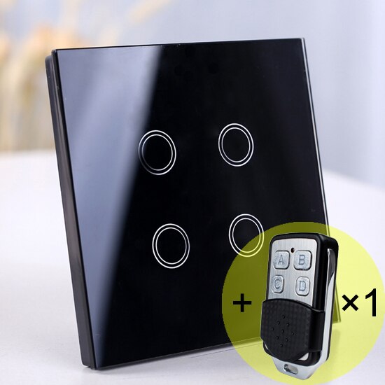 4 gang touch switch, Wireless Remote Control light Switch, Smart Sensor touch Wall Switch, Luxury Crystal Glass Panel Surface: black with 1 remote