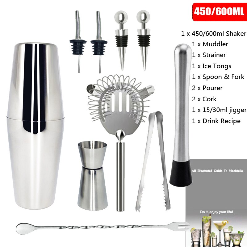 Juego de mezclador de vino tinto de acero inoxidable, 12 unidades, 750/600ml, mezclador de vino, cócteles, coctelera, bebidas de Bar, barman: 11Pcs 450 600ML
