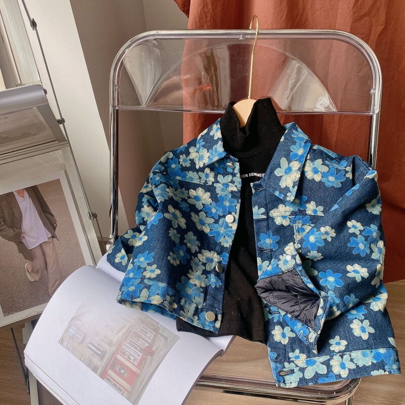 2021 stile coreano nuovo autunno bambini ragazze ragazzi cappotto blu Jacquard tessuto maniche lunghe giacca di jeans bambini moda calda Top E022