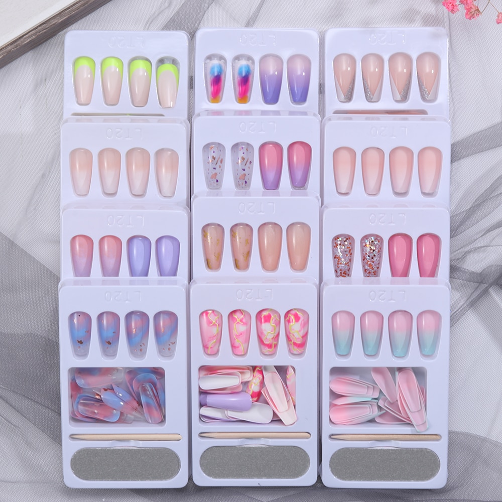 24 stuks/set lange doodskist nepnagels regenboog kleurrijke ballerina volledige nagelkunst tips abs plastic kunstnagel manicure schoonheidstool