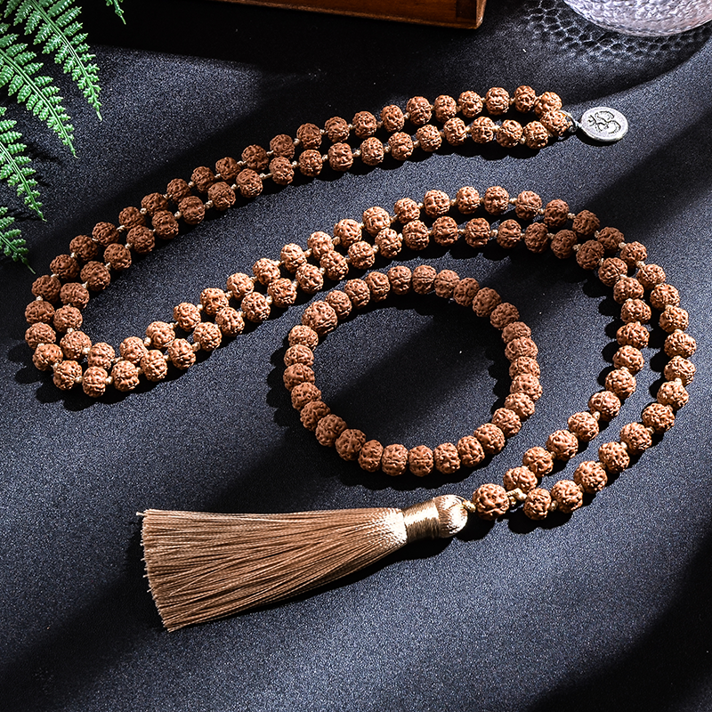 7-8mm original rudraksha frisado atado japamala colar pulseira conjunto meditação yoga bênção jóias 108 mala rosário