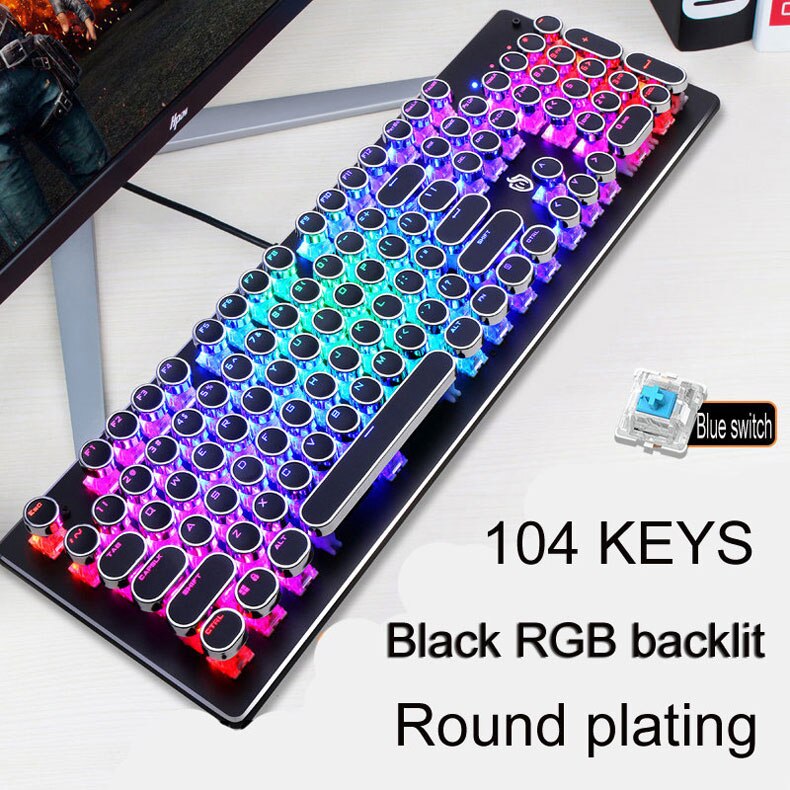 Steampunk Gaming Mechanical Keyboard Blue Axis Retro Round Key Anti-ghosting Wired Computer Peripherals Russian sticker