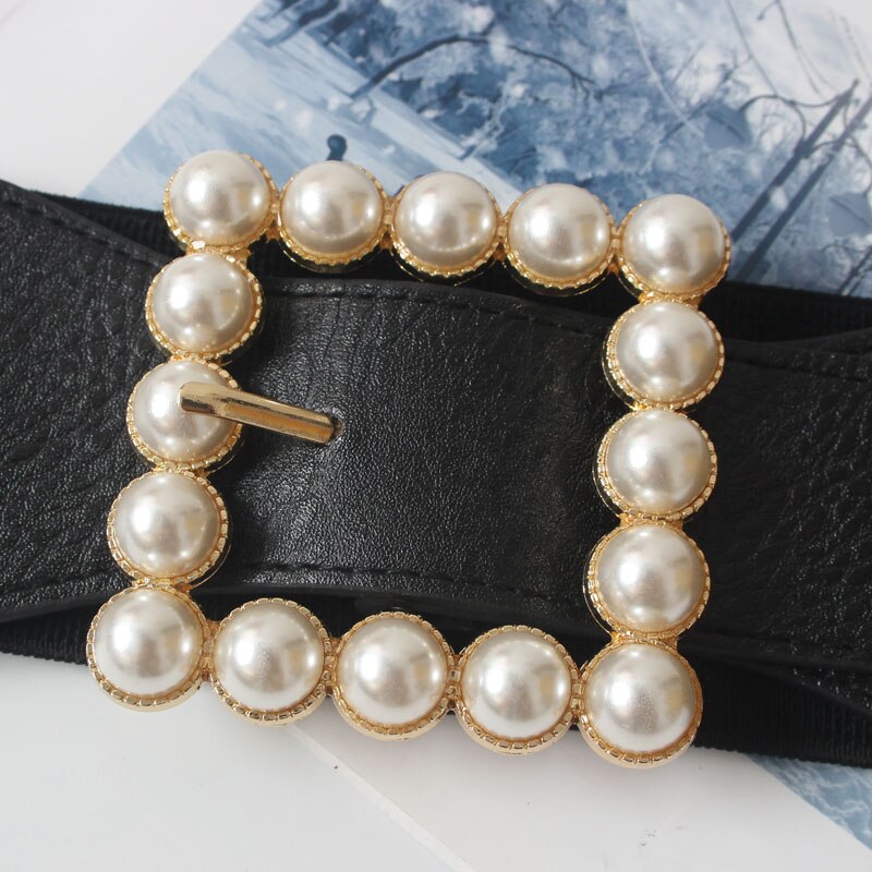 Mode Broeksbanden Voor Vrouwen Solid Stretch Brede Cumberbanden Trouwjurk Versiering Lady Pearl Gold Pin Gesp Riemen Jurk
