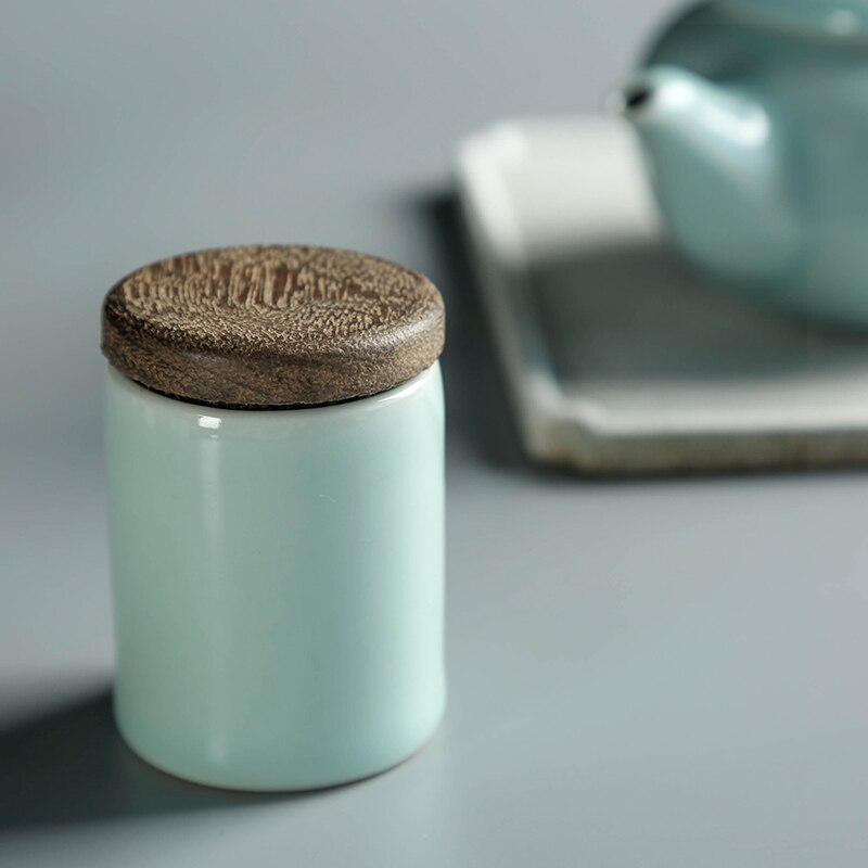 Longquan Celadon Tea Cans Small Portable Mini Tea Box Japanese Style Ceramic Sealed Tea Pot Wooden Lid Tea Set Metal Cover