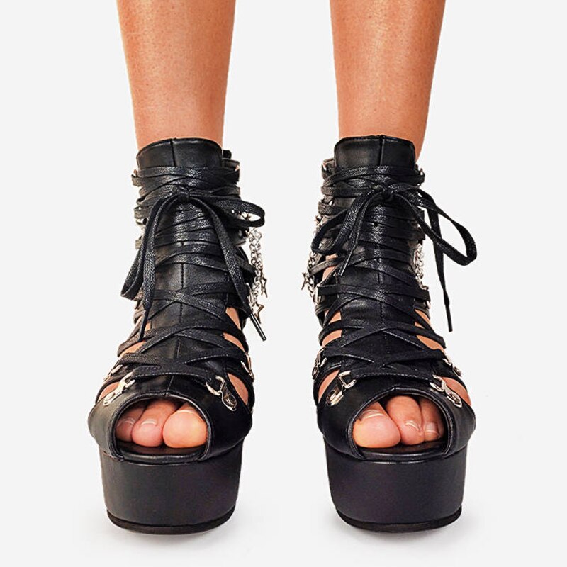 Sandalias con plataforma gótica Punk para mujer, zapatos con punta abierta y cremallera, con cadena de Metal, cuñas altas, pentagrama, para verano