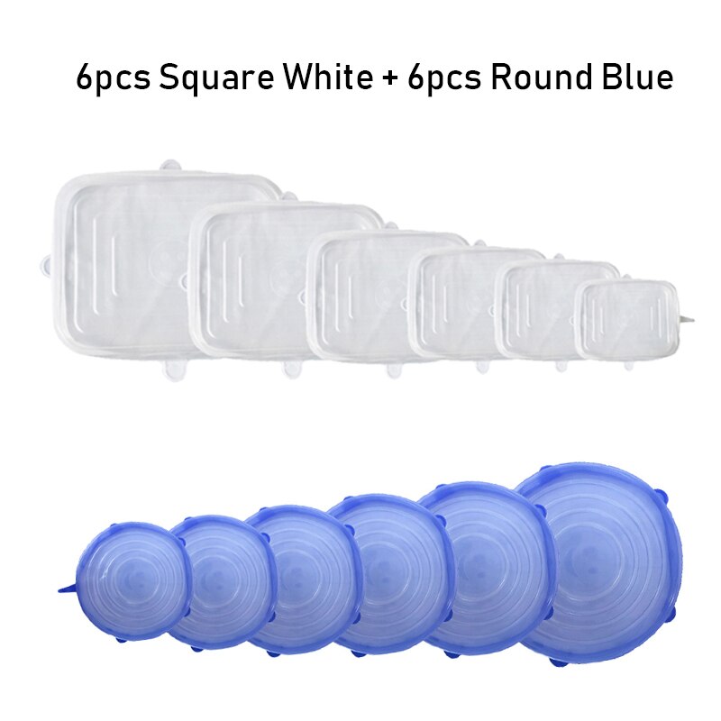 Set de couvercles réutilisables universels pour nourriture, 12 pièces, protection alimentaire en Silicone extensible, capuchon magique pour aliments, pour la nourriture: 6roundBluesquareWhit