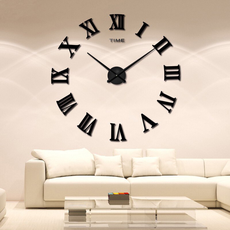 Woondecoratie grote romeinse spiegel moderne kwarts klokken woonkamer doe-het-zelf wandklok sticker horloge: Zwart / 37 inch