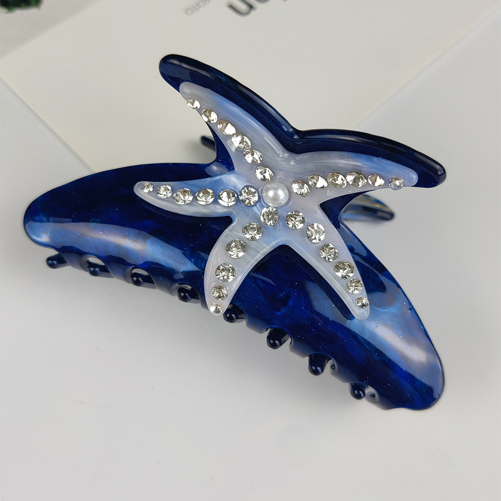 Pinzas para el cabello grandes de la serie Sea, pinzas para el cabello con concha de estrella de mar de diamante, accesorios para el cabello de acetato hechos a mano: Verde militar