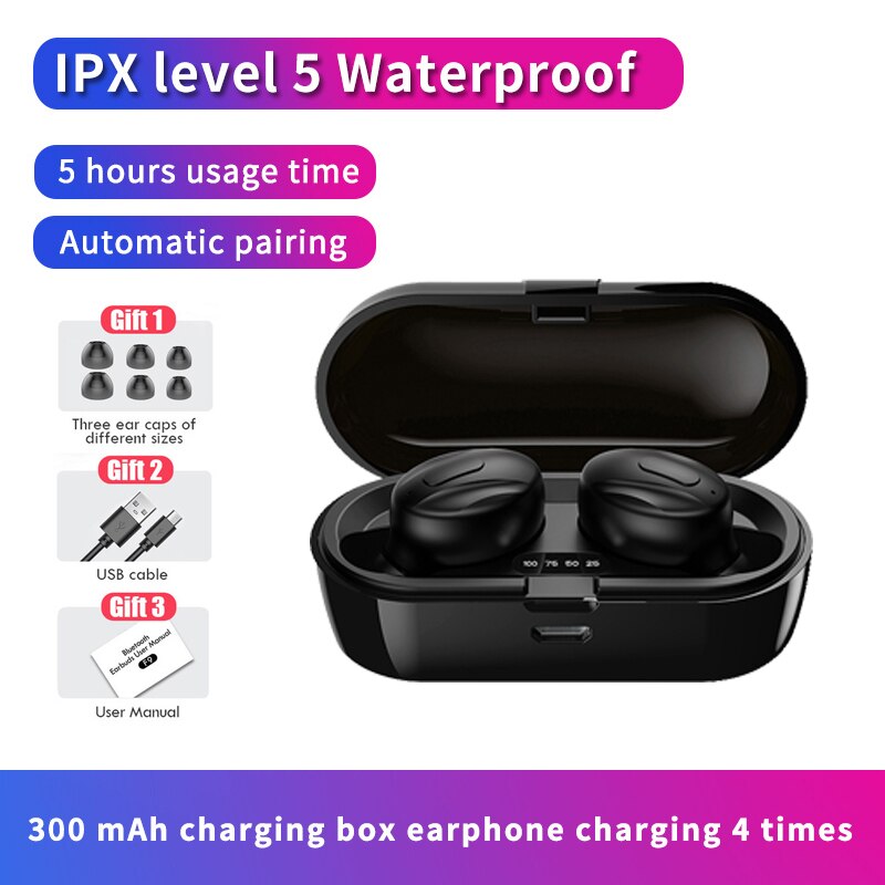 IPX5 Bluetooth Wireless Headphones 3D Stereo Sound Earbuds with Charging Box Waterproof Sport Earpiece Long Battery Life Headset: Black-no box