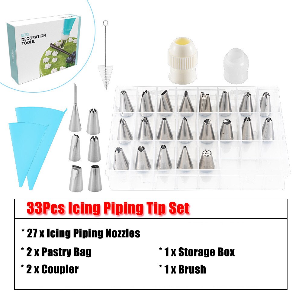 33/37/42Pcs Cake Gereedschap Icing Piping Tips Nozzle Set Cake Decorating Gereedschap Set Met Siliconen Patry tas Taart Schraper Bloem Nail: 9166