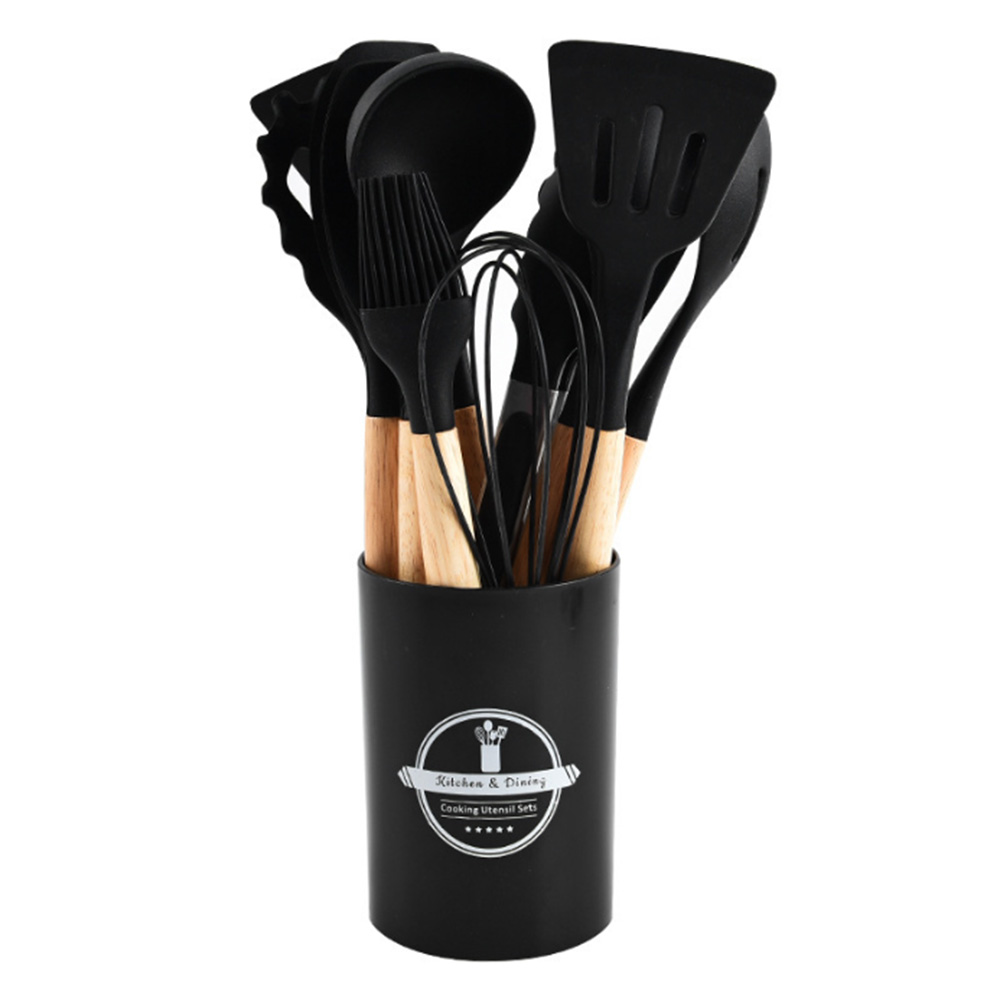 12 Stuks Siliconen Keukengerei Non-stick Kookgerei Keukengerei Set Spatel Schop Eikloppers Houten Handvat Koken Tool set: Black