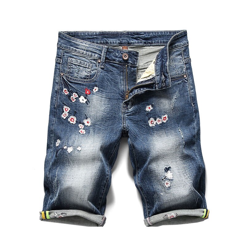 KSTUN-Short en Denim pour hommes, pantalon de court, avec broderie à fleurs, Slim élastique, , été: 30